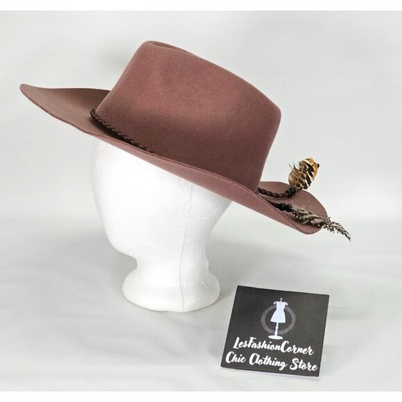 NWOT Brooklyn Hat Co.Deep Dusty Rose Felt Boho Fedora Feathers Leather Sz M 1622 - Picture 7 of 11